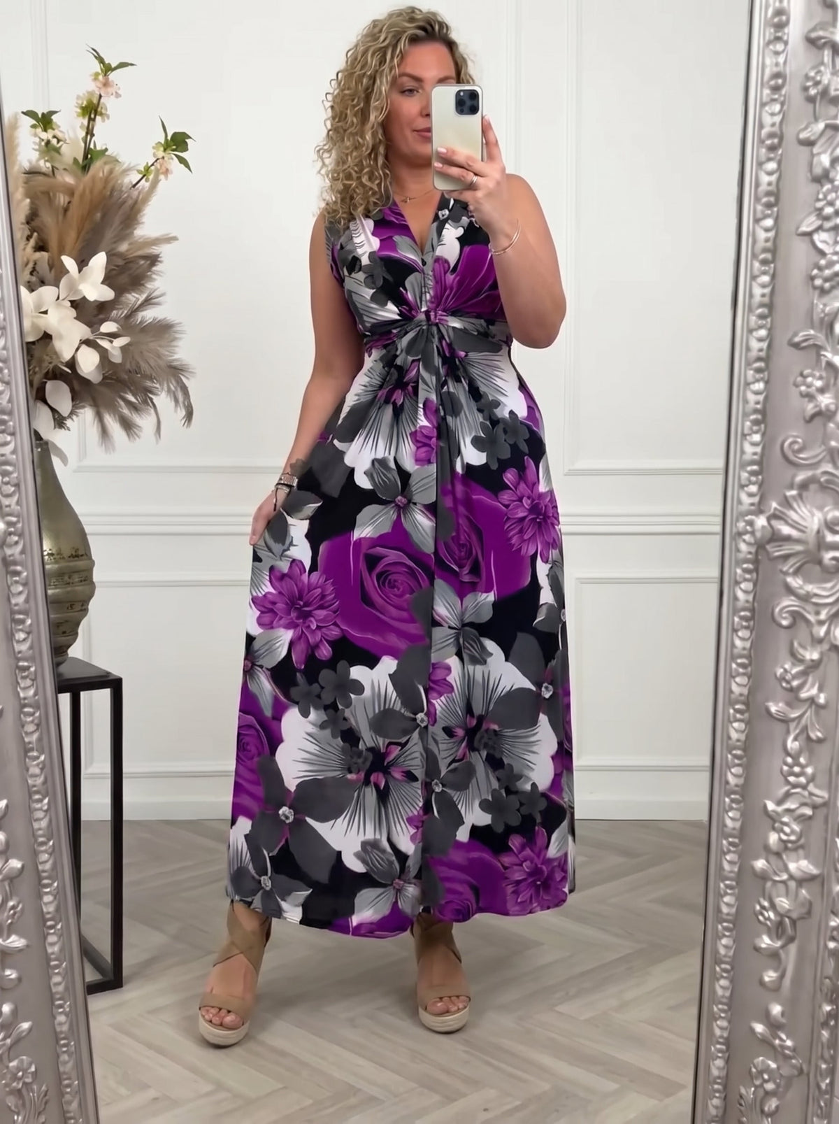 Abito Maxi Floreale, Smanicato, Scollo a V, Vestito Estivo da Donna-Modaso