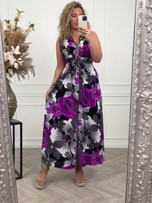 Abito Maxi Floreale, Smanicato, Scollo a V, Vestito Estivo da Donna-Viola-S-Modaso