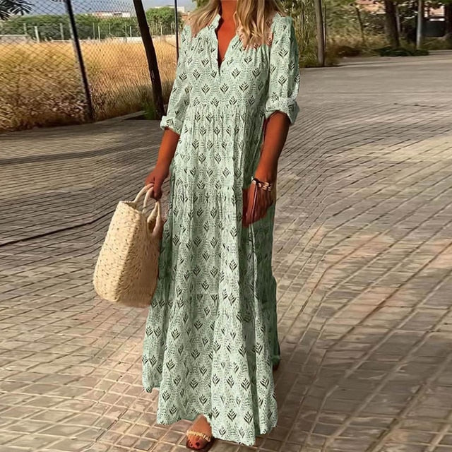 Abito Maxi, Mezza Manica, Scollo a V, Abito Boho, Abito Estivo-Modaso