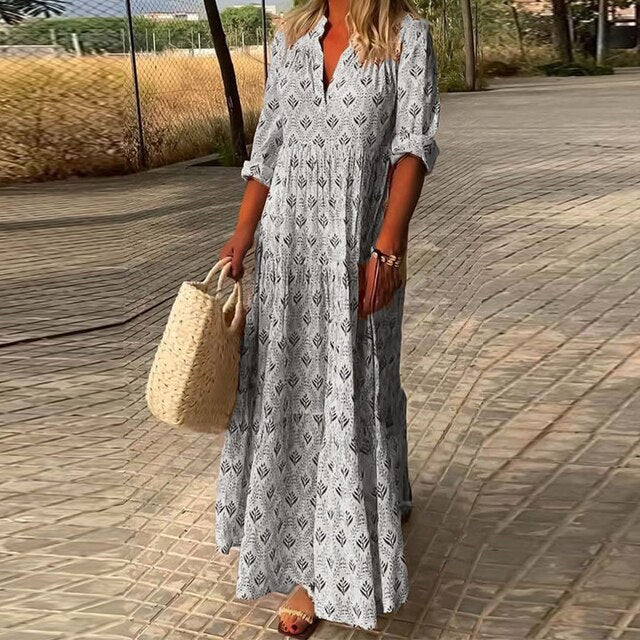 Abito Maxi, Mezza Manica, Scollo a V, Abito Boho, Abito Estivo-Modaso