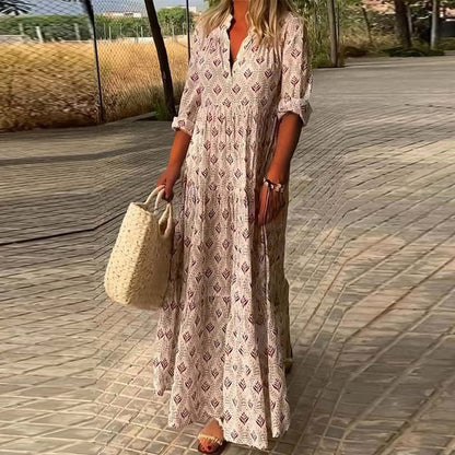Abito Maxi, Mezza Manica, Scollo a V, Abito Boho, Abito Estivo-Modaso