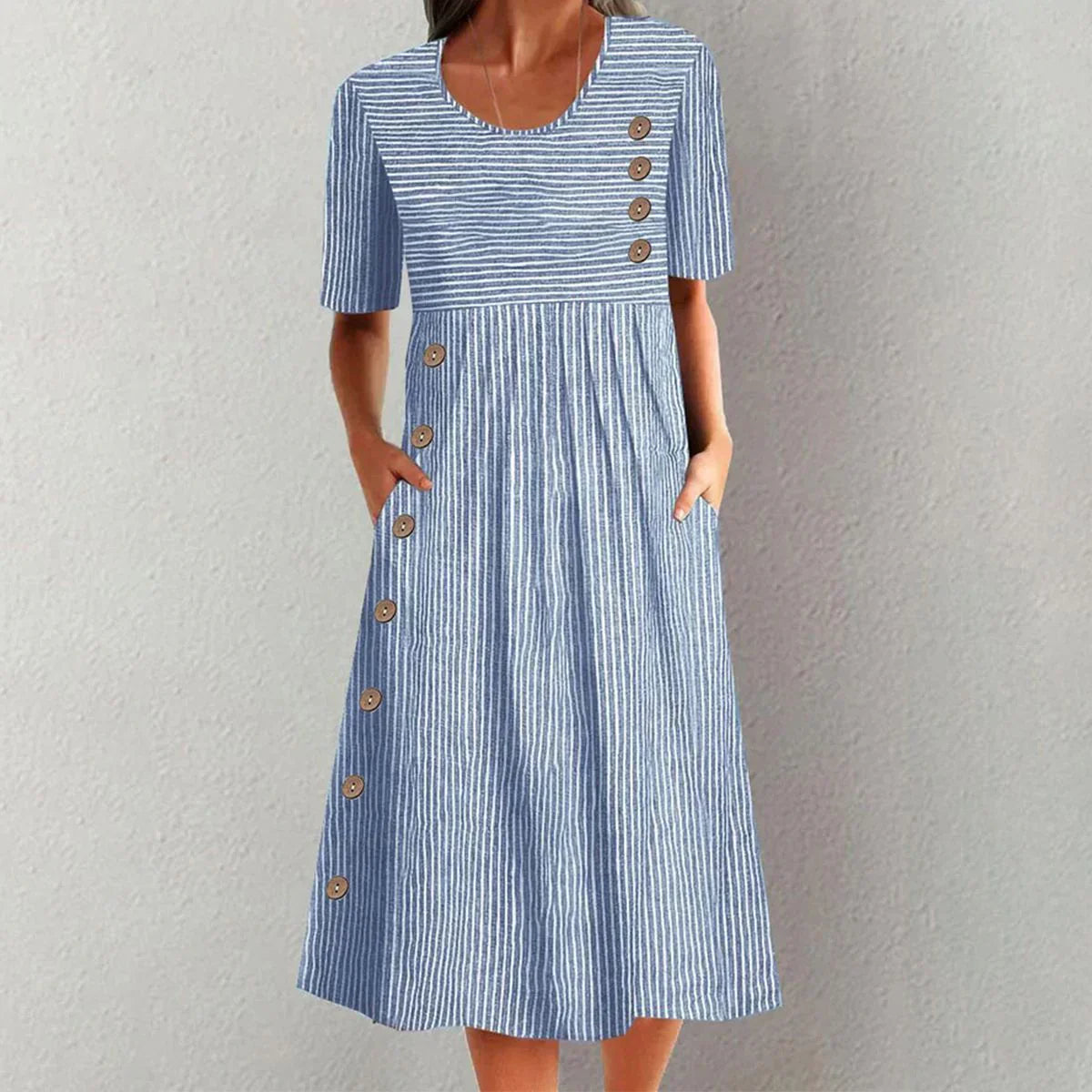 Abito Midi - A righe - Maniche corte - Abito svasato - Abito estivo-Blu-S-Modasso