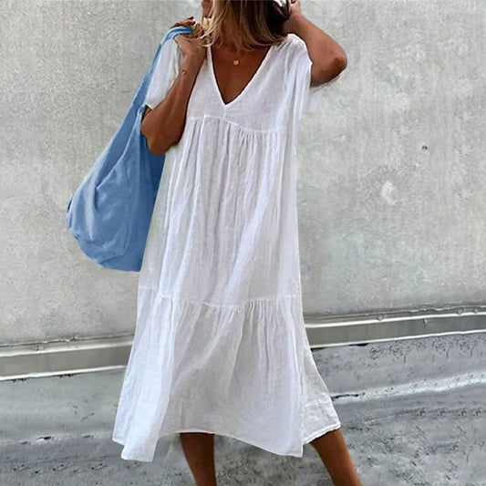 Abito Midi - Abito estivo casual da donna, vestibilità morbida, maniche corte-Bianco-S-Modasso