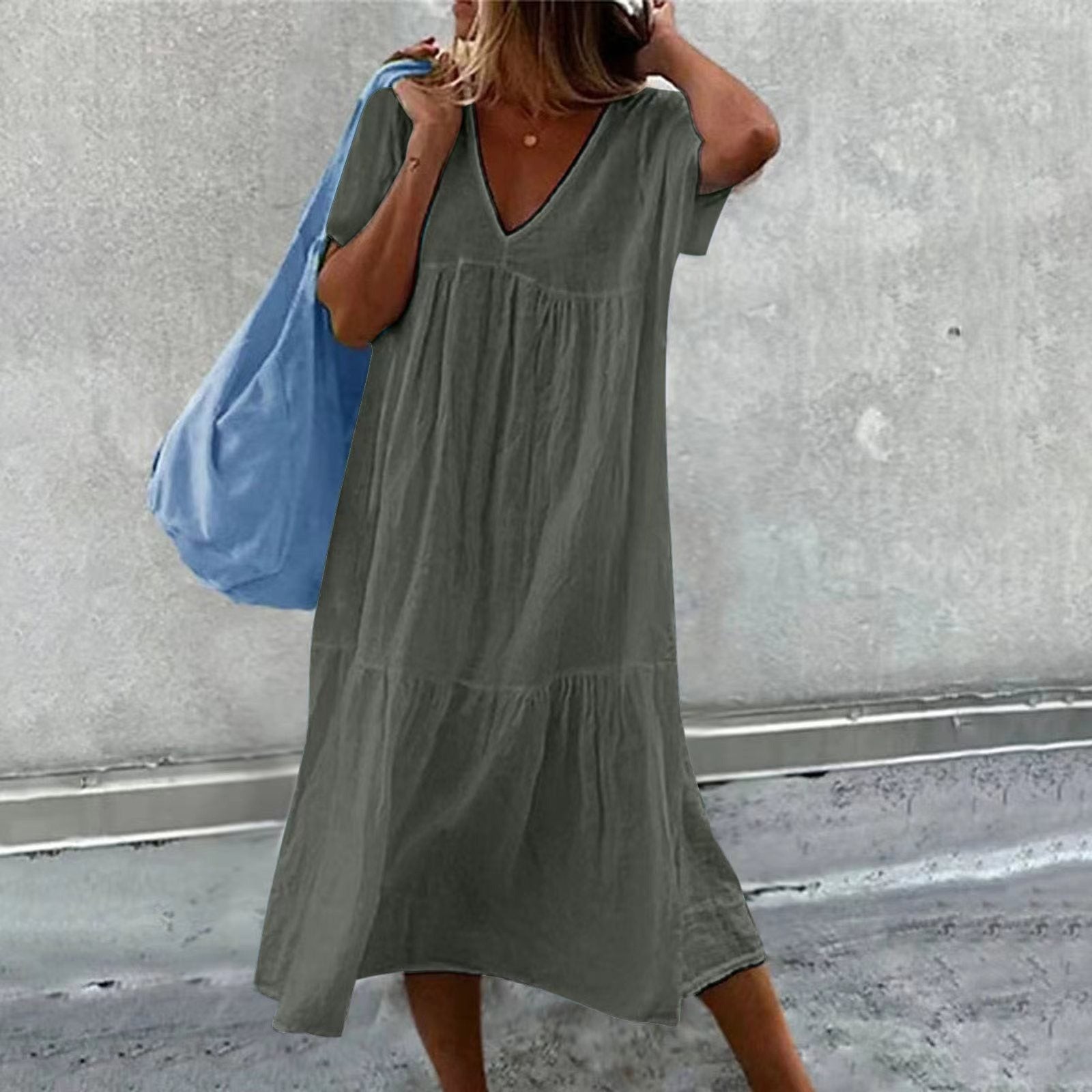 Abito Midi - Abito estivo casual da donna, vestibilità morbida, maniche corte-Grigio-S-Modasso