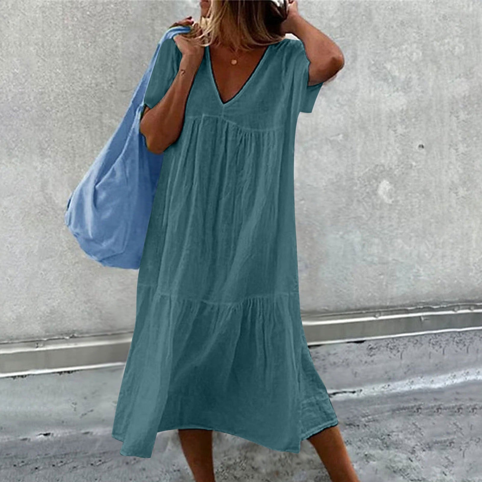 Abito Midi - Abito estivo casual da donna, vestibilità morbida, maniche corte-Lago Blu-S-Modasso