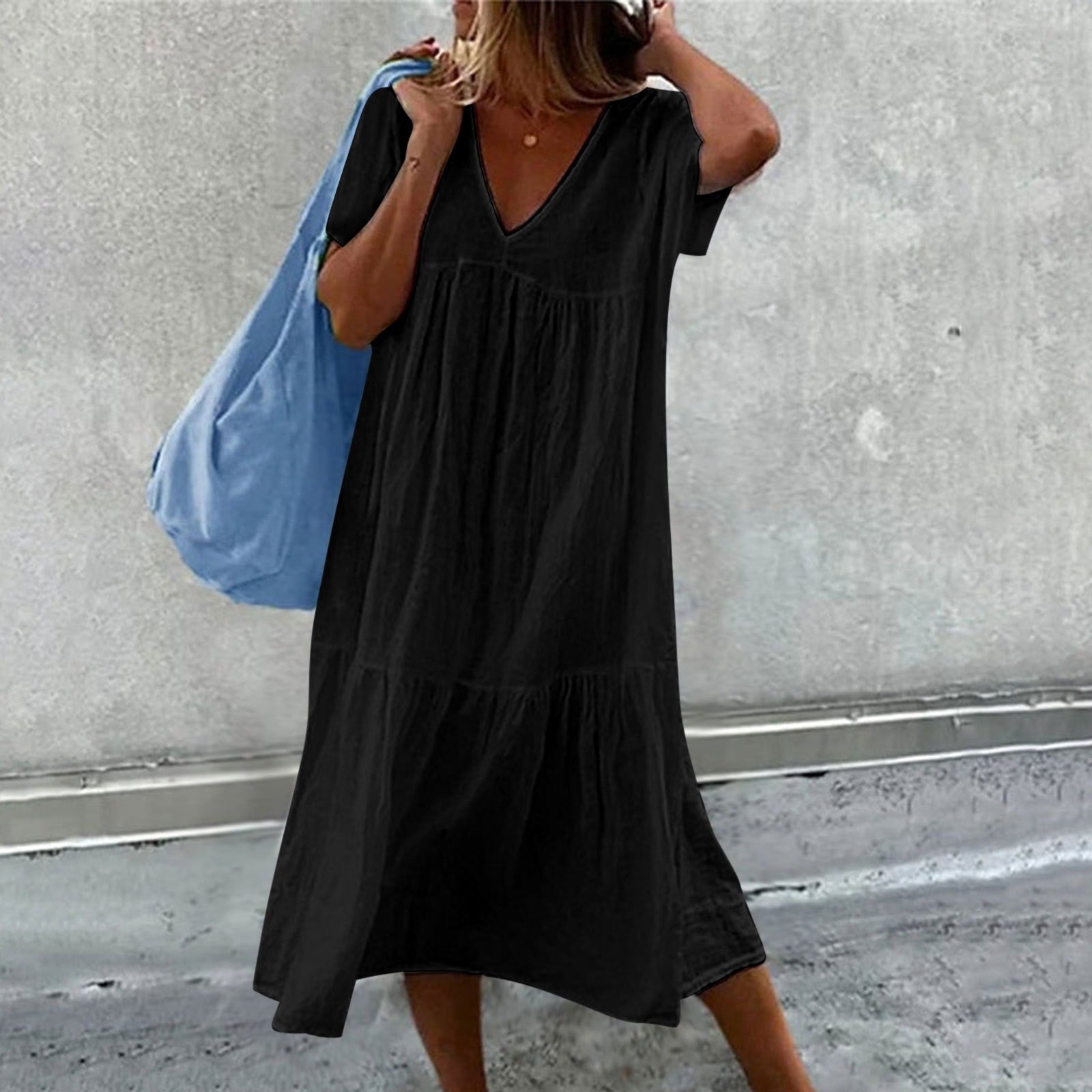 Abito Midi - Abito estivo casual da donna, vestibilità morbida, maniche corte-Nero-S-Modasso