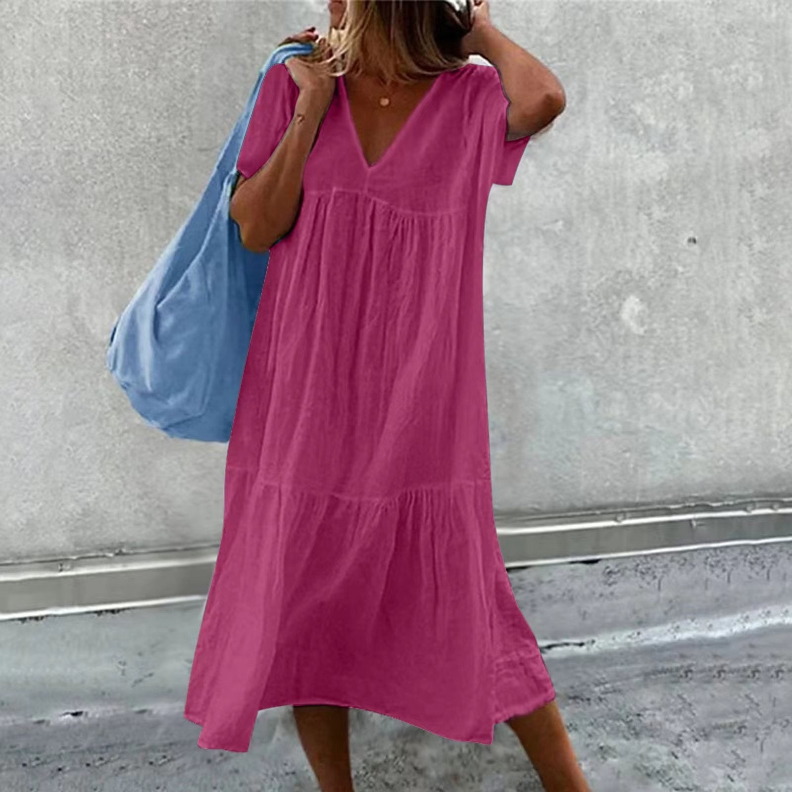 Abito Midi - Abito estivo casual da donna, vestibilità morbida, maniche corte-Rosa Rosso-S-Modasso