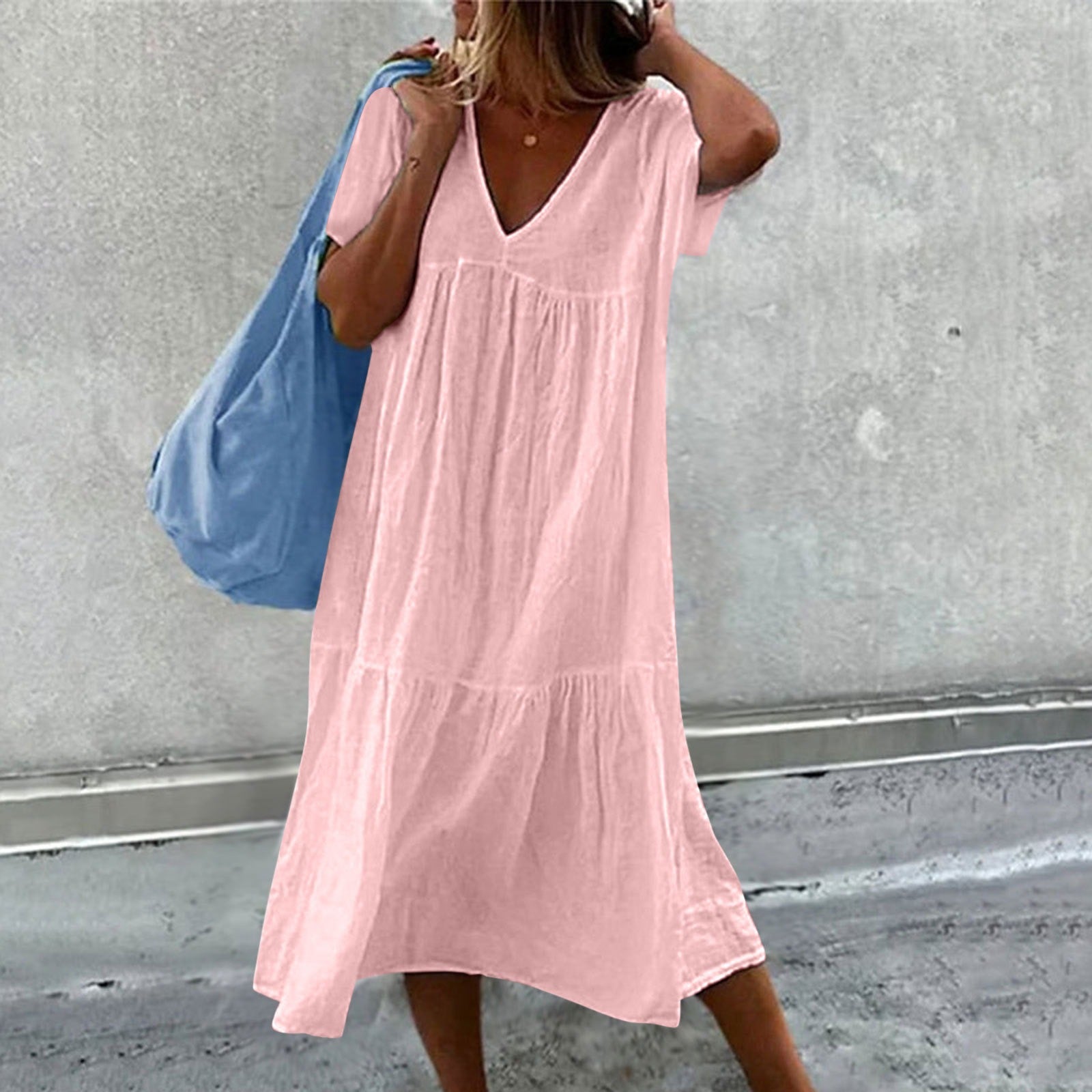 Abito Midi - Abito estivo casual da donna, vestibilità morbida, maniche corte-Rosa-S-Modasso