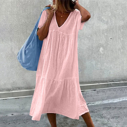 Abito Midi - Abito estivo casual da donna, vestibilità morbida, maniche corte-Rosa-S-Modasso