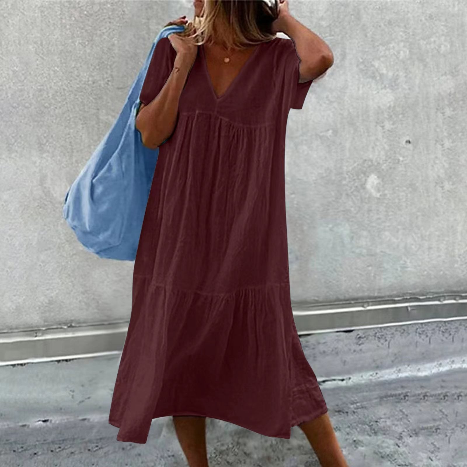 Abito Midi - Abito estivo casual da donna, vestibilità morbida, maniche corte-Vino Rosso-S-Modasso