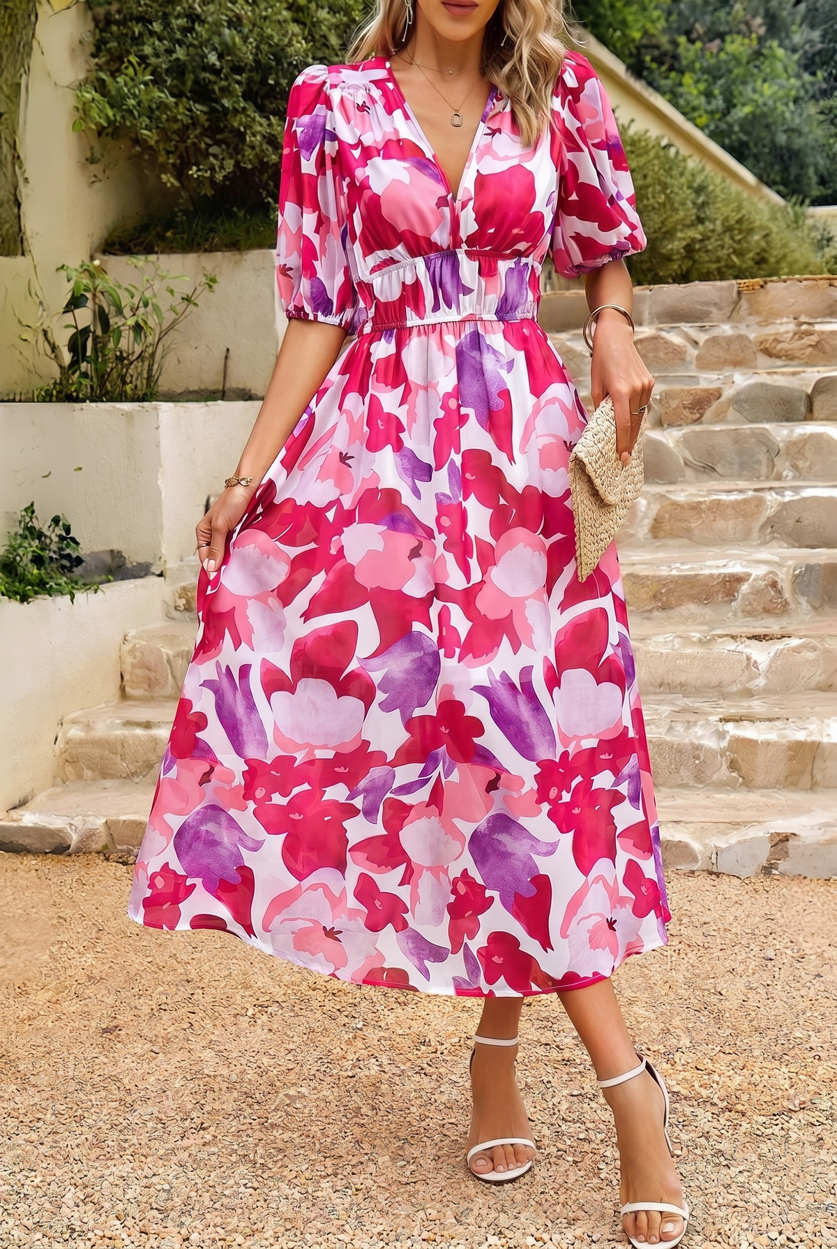 Abito Midi Estivo, Elegante Abito Floreale con Maniche a Sbuffo-Modaso