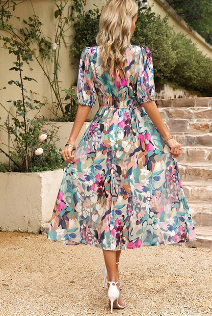 Abito Midi Estivo, Elegante Abito Floreale con Maniche a Sbuffo-Modaso