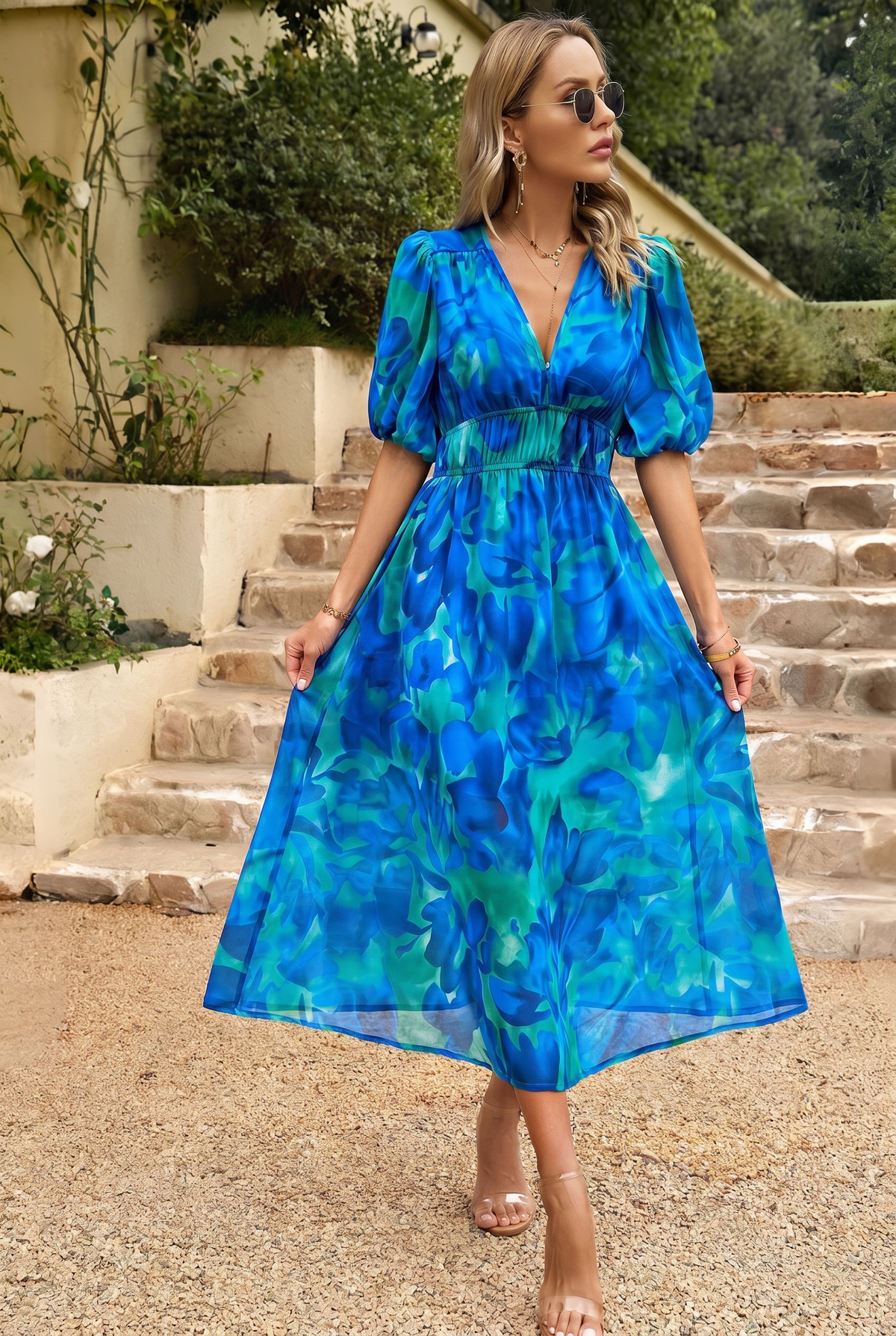 Abito Midi Estivo, Elegante Abito Floreale con Maniche a Sbuffo-Modaso