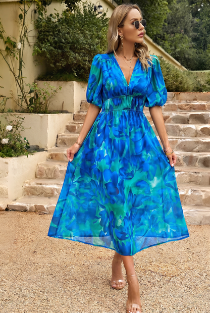 Abito Midi Estivo, Elegante Abito Floreale con Maniche a Sbuffo-Modaso