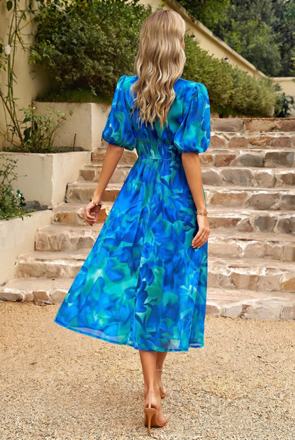 Abito Midi Estivo, Elegante Abito Floreale con Maniche a Sbuffo-Modaso