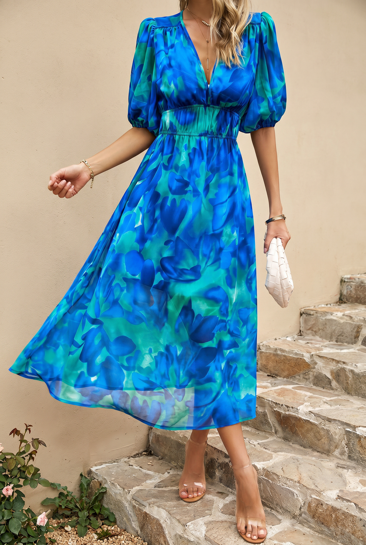 Abito Midi Estivo, Elegante Abito Floreale con Maniche a Sbuffo-Modaso