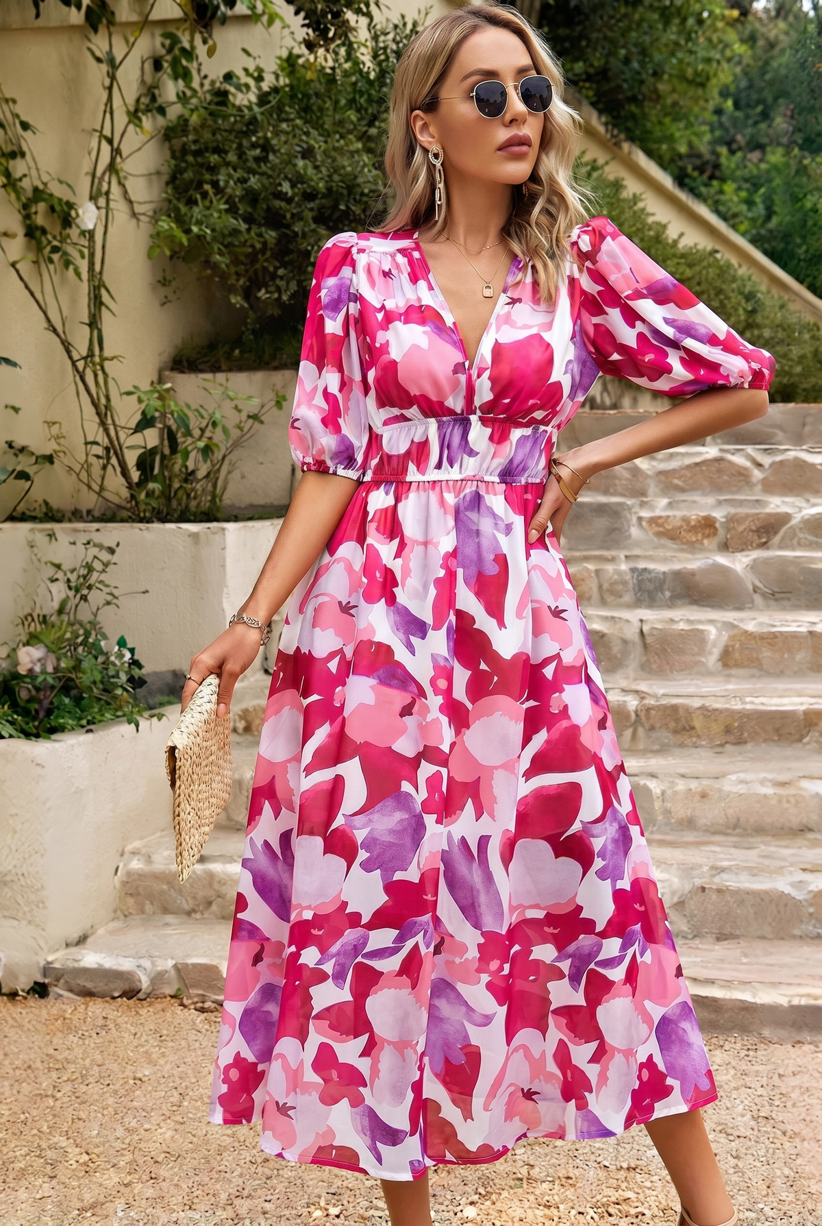 Abito Midi Estivo, Elegante Abito Floreale con Maniche a Sbuffo-Modaso