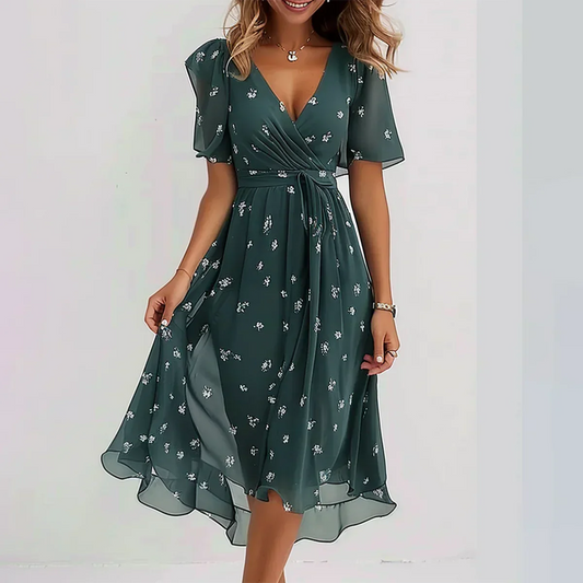 Abito Midi - Verde - Maniche corte - Abito con scollo a V - Abito elegante-Verde-S-Modasso