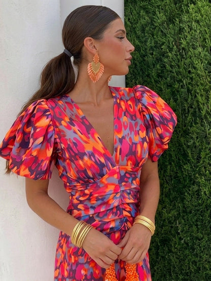 Abito Midi da Cerimonia Donna – Scollo a V e Maniche a Sbuffo-Modaso