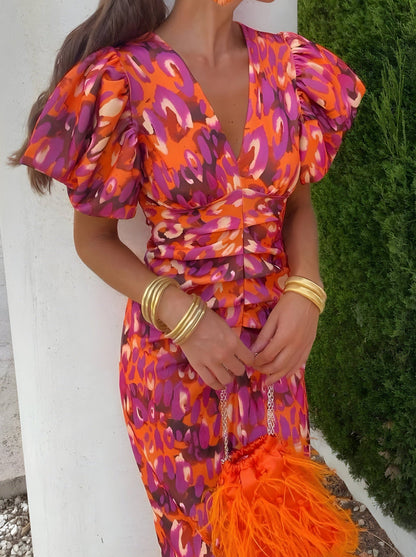 Abito Midi da Cerimonia Donna – Scollo a V e Maniche a Sbuffo-Modaso