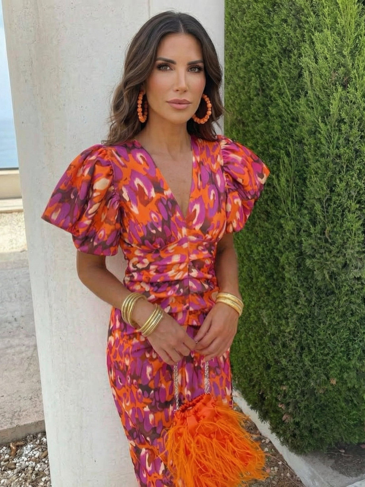 Abito Midi da Cerimonia Donna – Scollo a V e Maniche a Sbuffo-Modaso