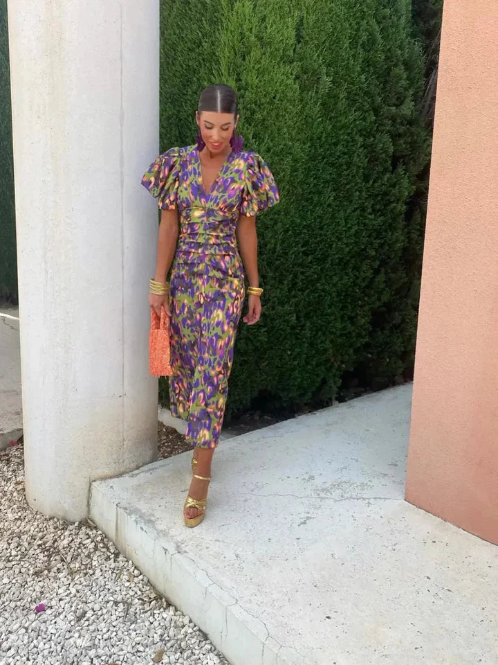 Abito Midi da Cerimonia Donna – Scollo a V e Maniche a Sbuffo-Modaso