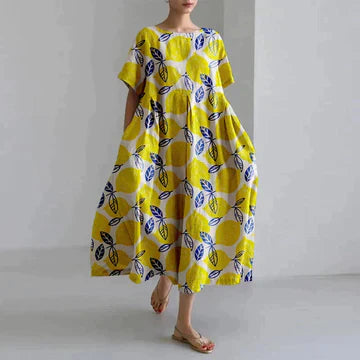 Abito Oversize - Abito midi casual da donna con vestibilità ampia stampato-Giallo-S-Modasso