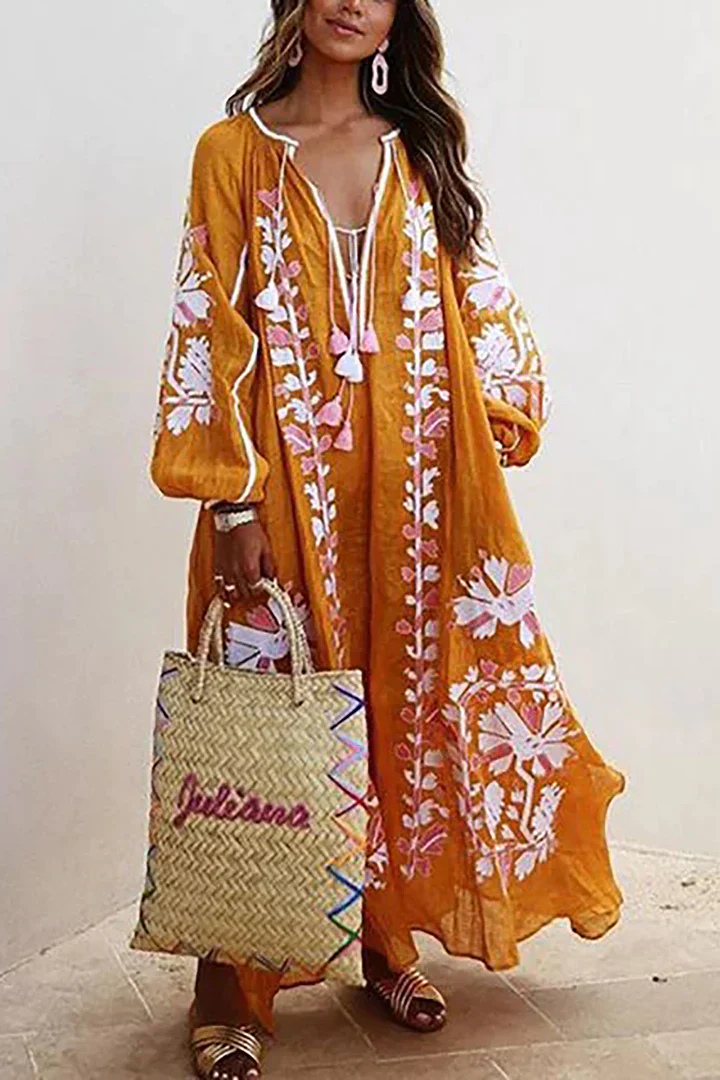 Abito Oversize | Scollo a V | Maniche lunghe | Abito boho | Abito lungo-Arancione-S-Modasso