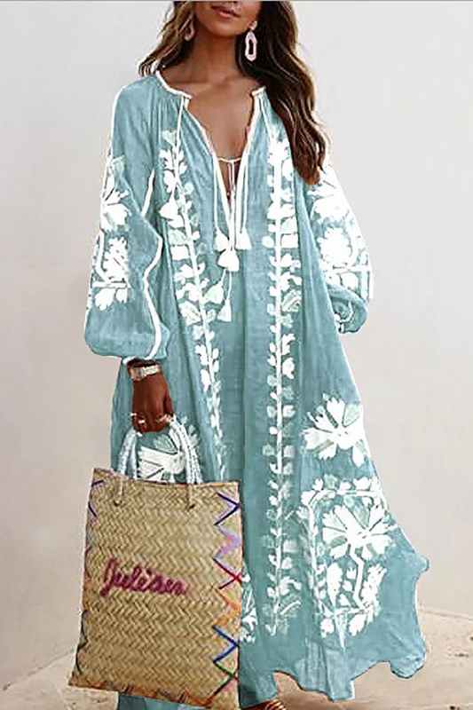 Abito Oversize | Scollo a V | Maniche lunghe | Abito boho | Abito lungo-Azzurro-S-Modasso