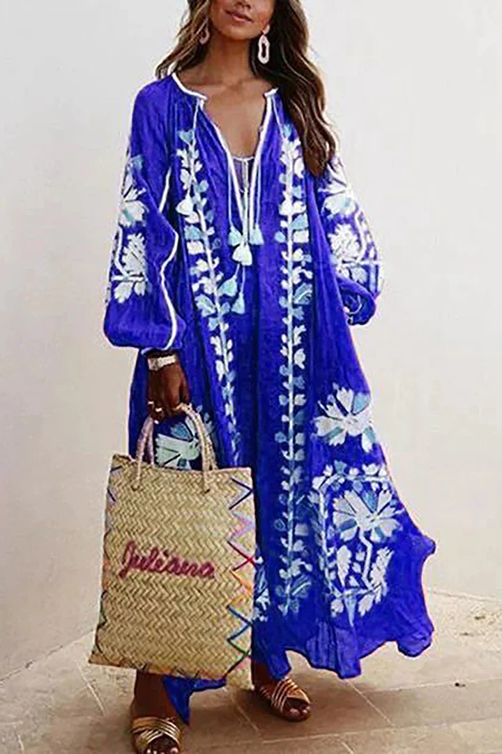 Abito Oversize | Scollo a V | Maniche lunghe | Abito boho | Abito lungo-Blu-S-Modasso