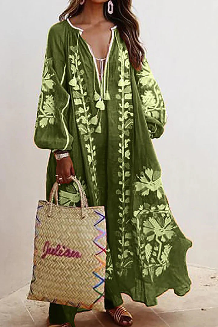 Abito Oversize | Scollo a V | Maniche lunghe | Abito boho | Abito lungo-Verde-S-Modasso