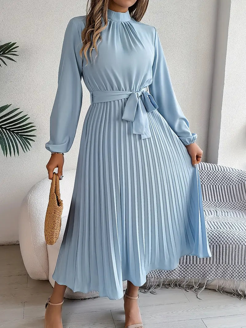 Abito Plissettato, Elegante a Manica Lunga, Linea ad A, Abito Midi-Modaso