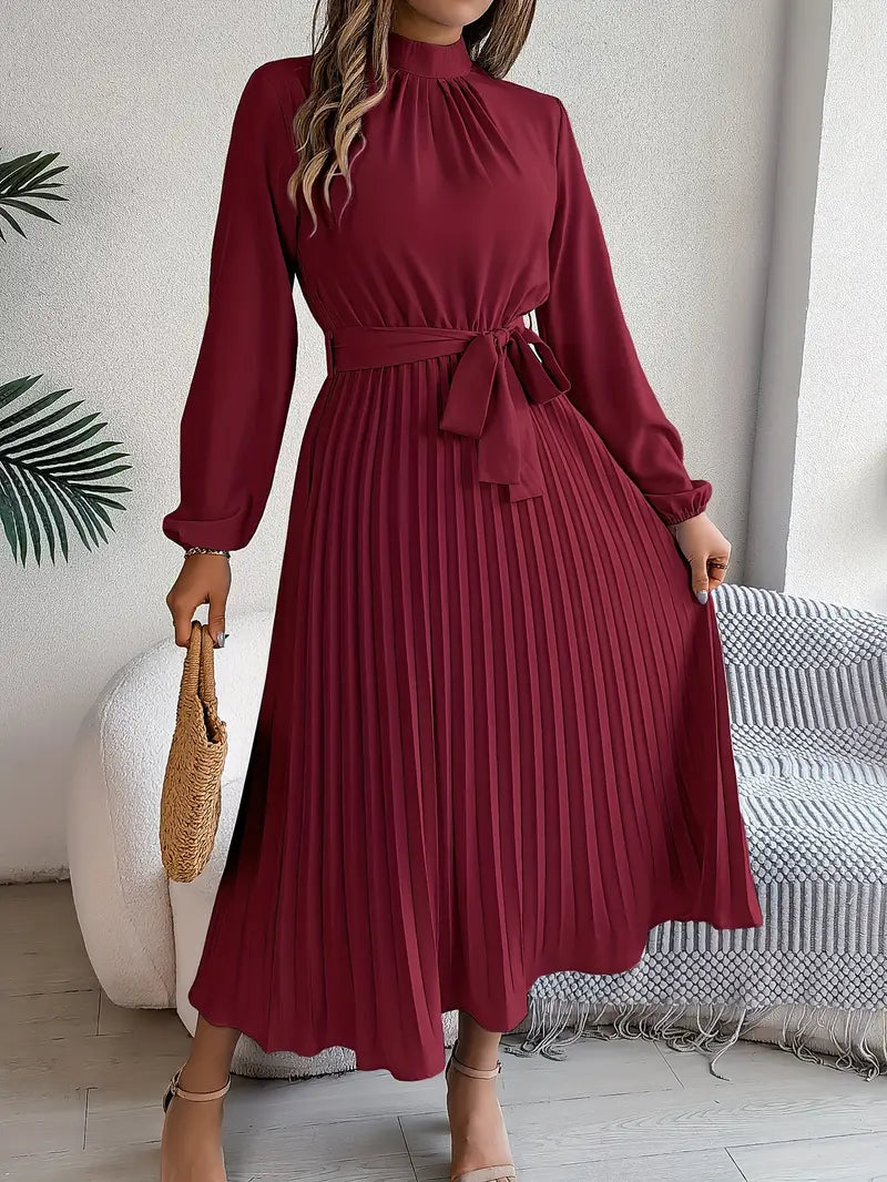Abito Plissettato, Elegante a Manica Lunga, Linea ad A, Abito Midi-Modaso