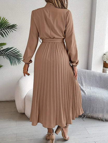 Abito Plissettato, Elegante a Manica Lunga, Linea ad A, Abito Midi-Modaso