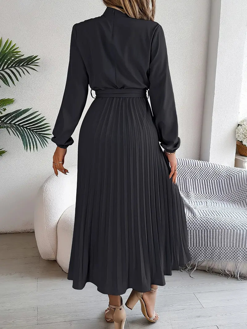 Abito Plissettato, Elegante a Manica Lunga, Linea ad A, Abito Midi-Modaso