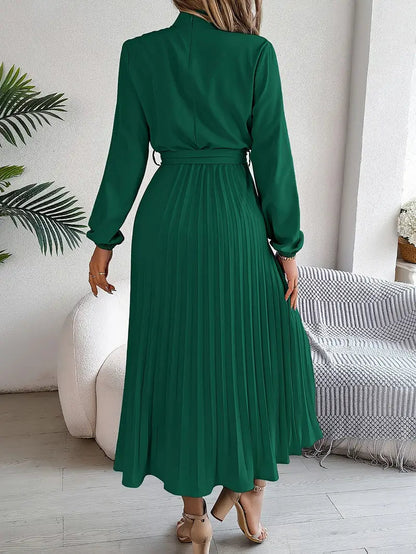 Abito Plissettato, Elegante a Manica Lunga, Linea ad A, Abito Midi-Modaso