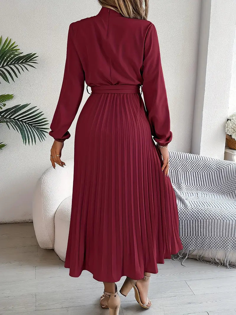 Abito Plissettato, Elegante a Manica Lunga, Linea ad A, Abito Midi-Modaso