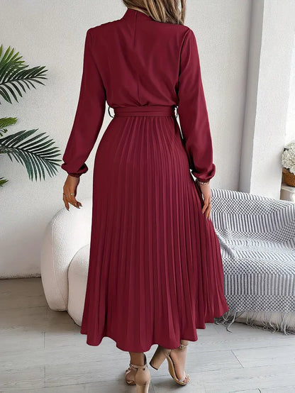 Abito Plissettato, Elegante a Manica Lunga, Linea ad A, Abito Midi-Modaso