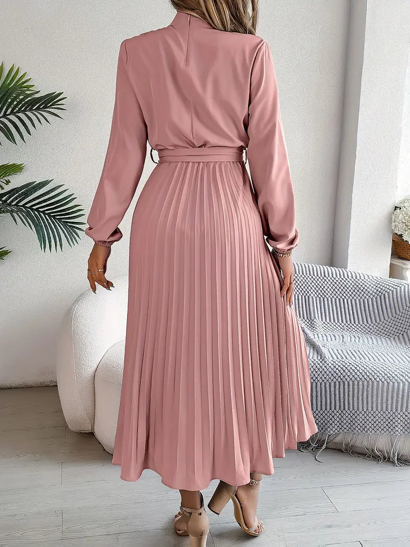 Abito Plissettato, Elegante a Manica Lunga, Linea ad A, Abito Midi-Modaso