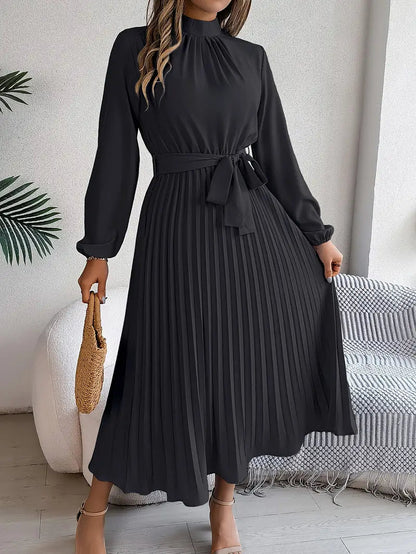 Abito Plissettato, Elegante a Manica Lunga, Linea ad A, Abito Midi-Modaso