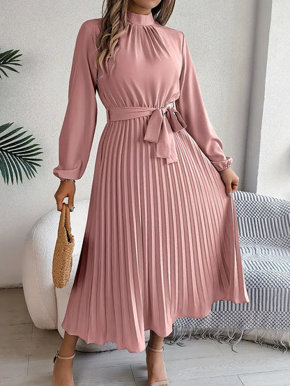 Abito Plissettato, Elegante a Manica Lunga, Linea ad A, Abito Midi-Modaso