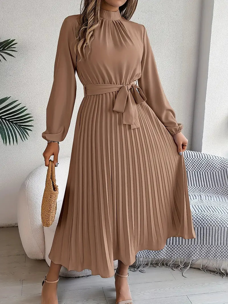 Abito Plissettato, Elegante a Manica Lunga, Linea ad A, Abito Midi-Modaso