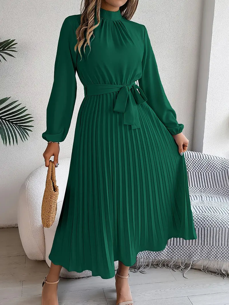 Abito Plissettato, Elegante a Manica Lunga, Linea ad A, Abito Midi-Modaso