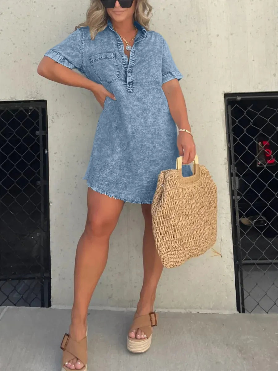 Abito a Camicia | Maniche Corte | Vestibilità Ampia | Mini Abito | Abito Estivo-Blu-S-Modasso