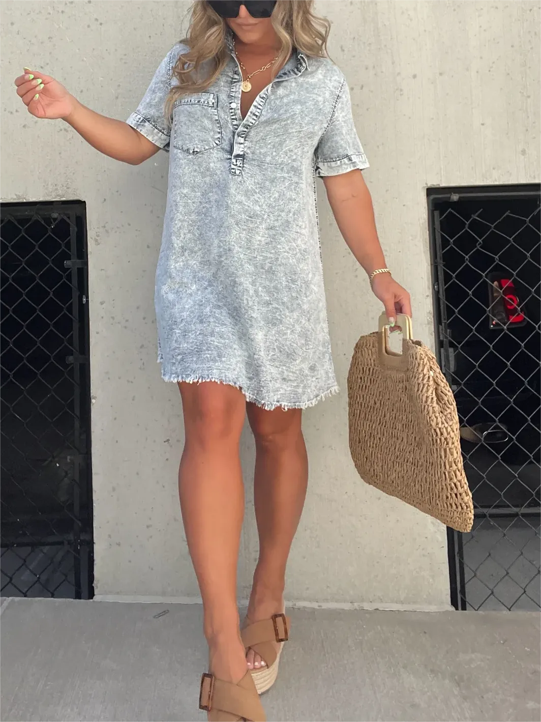 Abito a Camicia | Maniche Corte | Vestibilità Ampia | Mini Abito | Abito Estivo-Grigio-S-Modasso