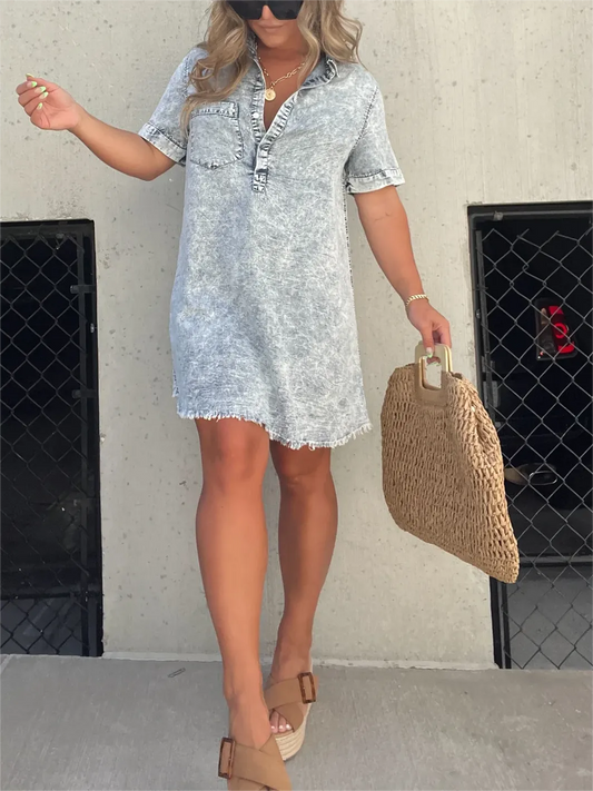 Abito a Camicia | Maniche Corte | Vestibilità Ampia | Mini Abito | Abito Estivo-Grigio-S-Modasso