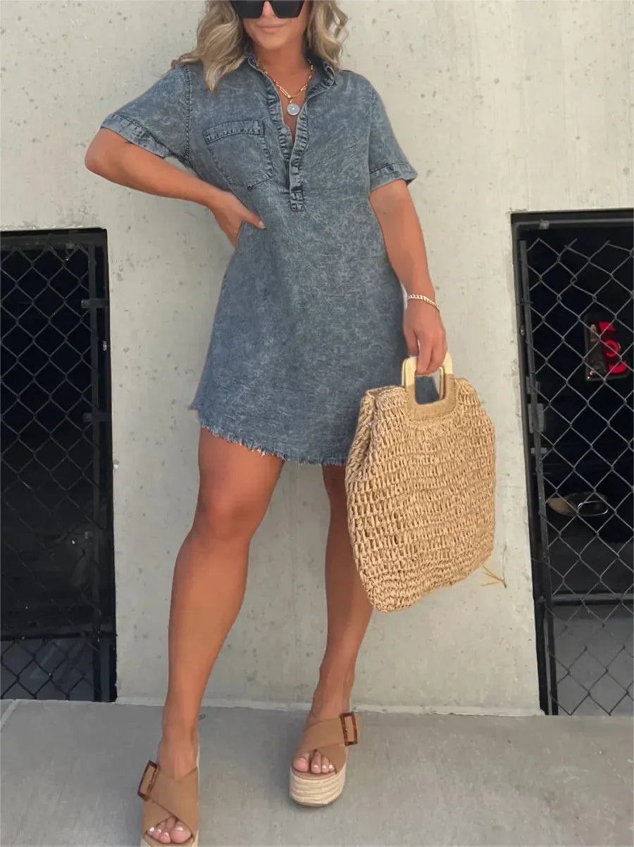 Abito a Camicia | Maniche Corte | Vestibilità Ampia | Mini Abito | Abito Estivo-Grigio Scuro-S-Modasso