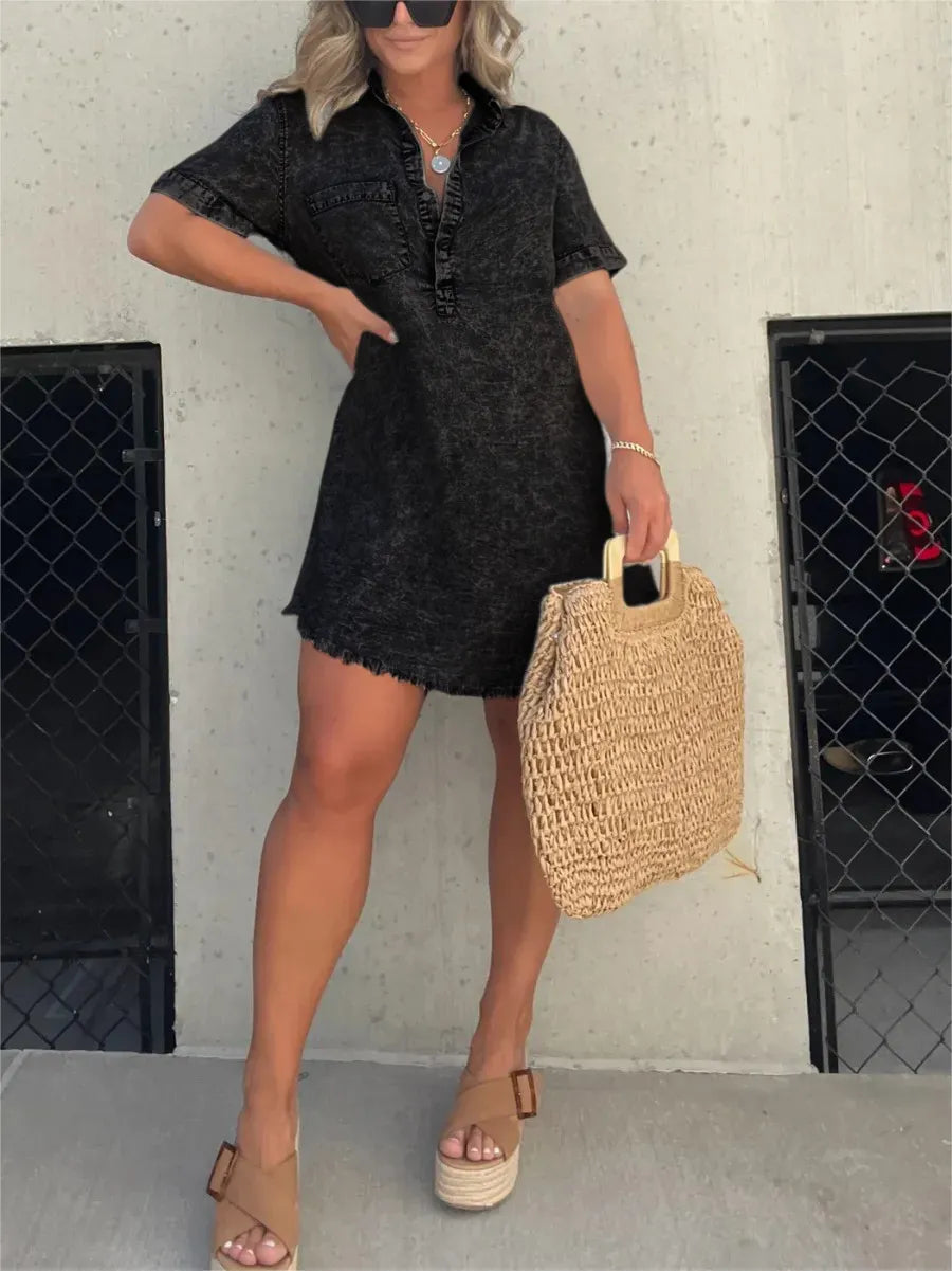 Abito a Camicia | Maniche Corte | Vestibilità Ampia | Mini Abito | Abito Estivo-Nero-S-Modasso