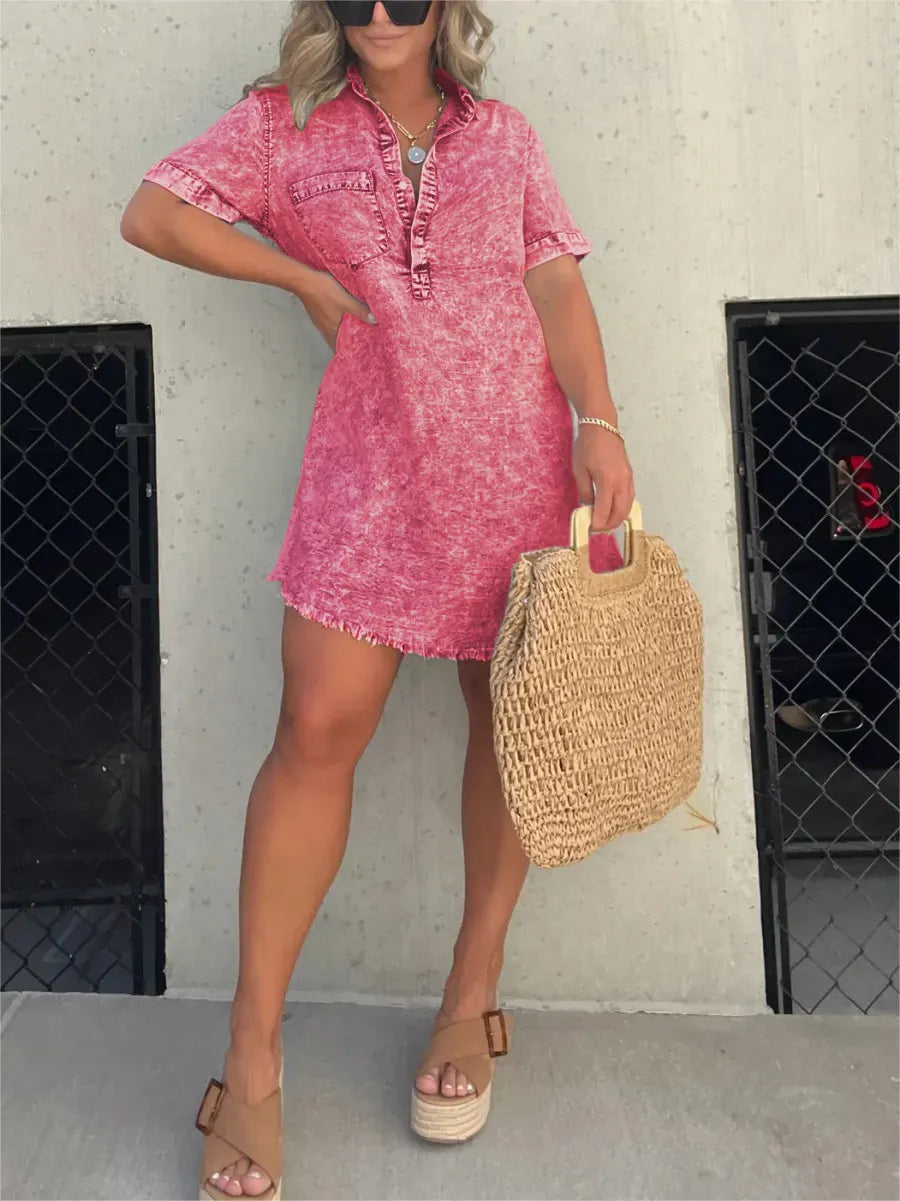 Abito a Camicia | Maniche Corte | Vestibilità Ampia | Mini Abito | Abito Estivo-Rosso-S-Modasso