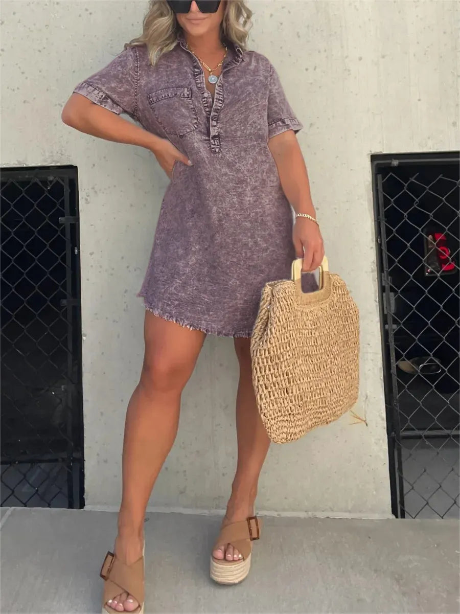 Abito a Camicia | Maniche Corte | Vestibilità Ampia | Mini Abito | Abito Estivo-Viola-S-Modasso